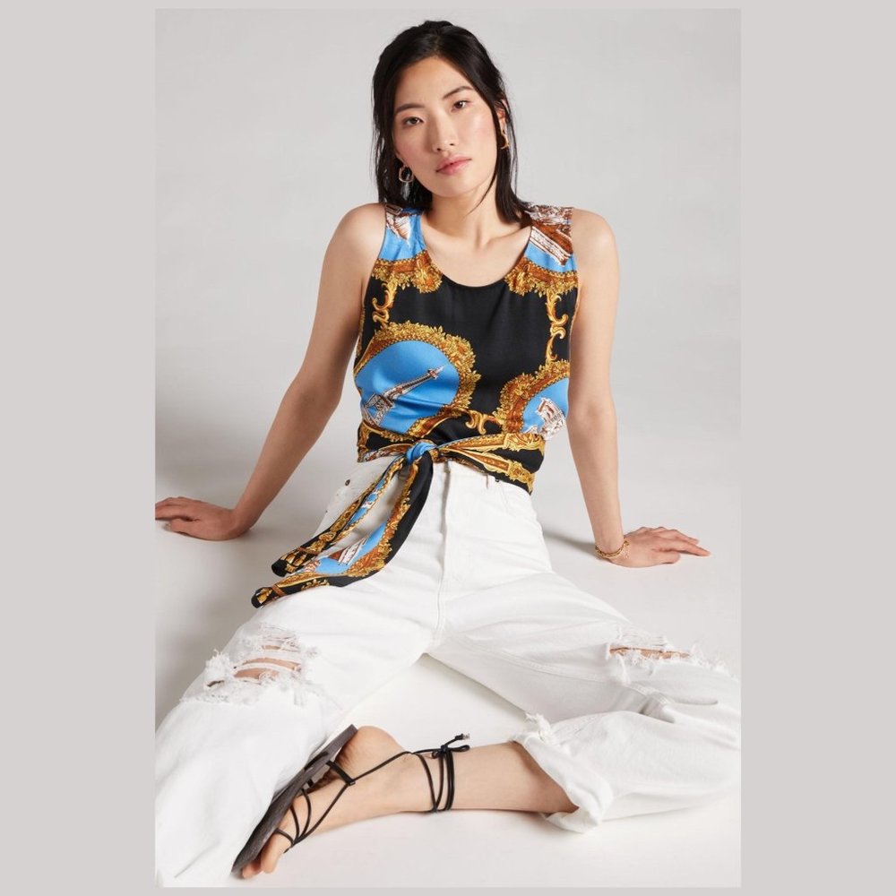 Anthropologie Tiny Landmark Paris Postcard Wrap Tie Top NWOT